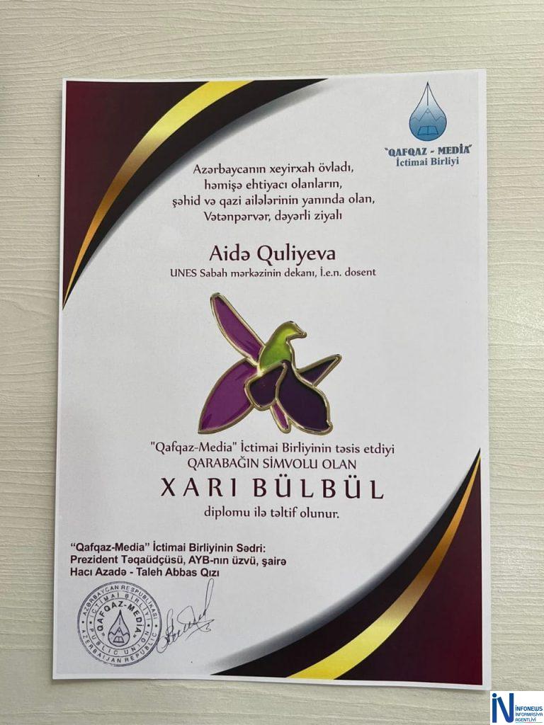 UNEC Sabah Mərkəzinin rəhbəri "Heydər zirvəsi-99" medalı və "Xarı Bülbül" diplomu ilə təltif edilib